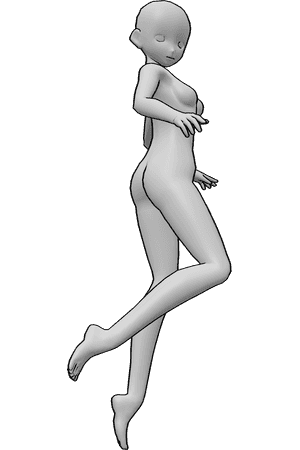 Pose Reference- Anime mid-air turn pose - Female anime figure is turning in the air, limbs extended for balance
