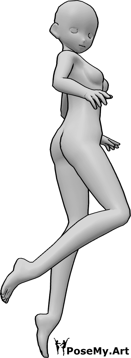 Pose Reference- Anime mid-air turn pose - Female anime figure is turning in the air, limbs extended for balance