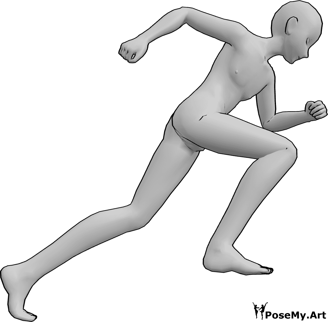 Pose Reference- Anime full-speed sprint pose - Male anime figure is sprinting forward at maximum speed, torso pitched low, arms driving hard
