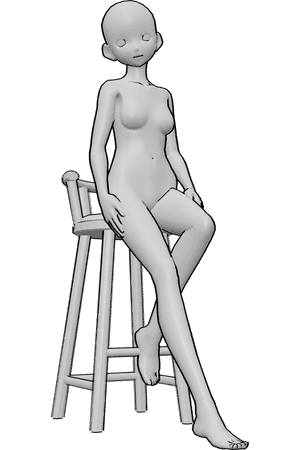Pose Reference- Anime figure sitting pose - Female anime figure is sitting on a bar stool, hands resting on thighs
