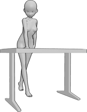 Pose Reference- Anime figure table leaning pose - Female anime figure is leaning on the table with one hand, weight shifted forward