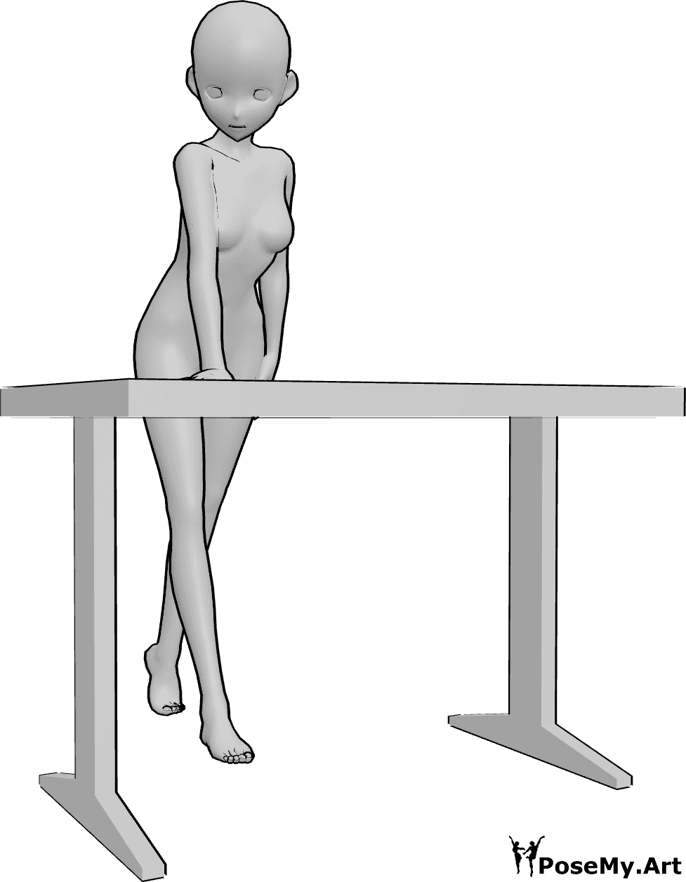 Pose Reference- Anime figure table leaning pose - Female anime figure is leaning on the table with one hand, weight shifted forward
