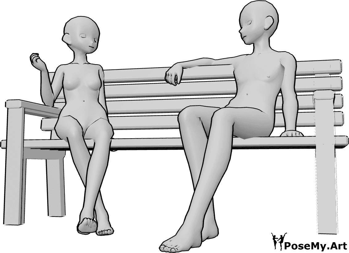 Pose Reference- Anime figures sitting pose - Female and male anime figures are sitting on a bench, anime relaxed pose
