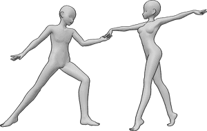 Pose Reference- Anime figure dancing pose - Female and male anime figures are dancing, holding hands