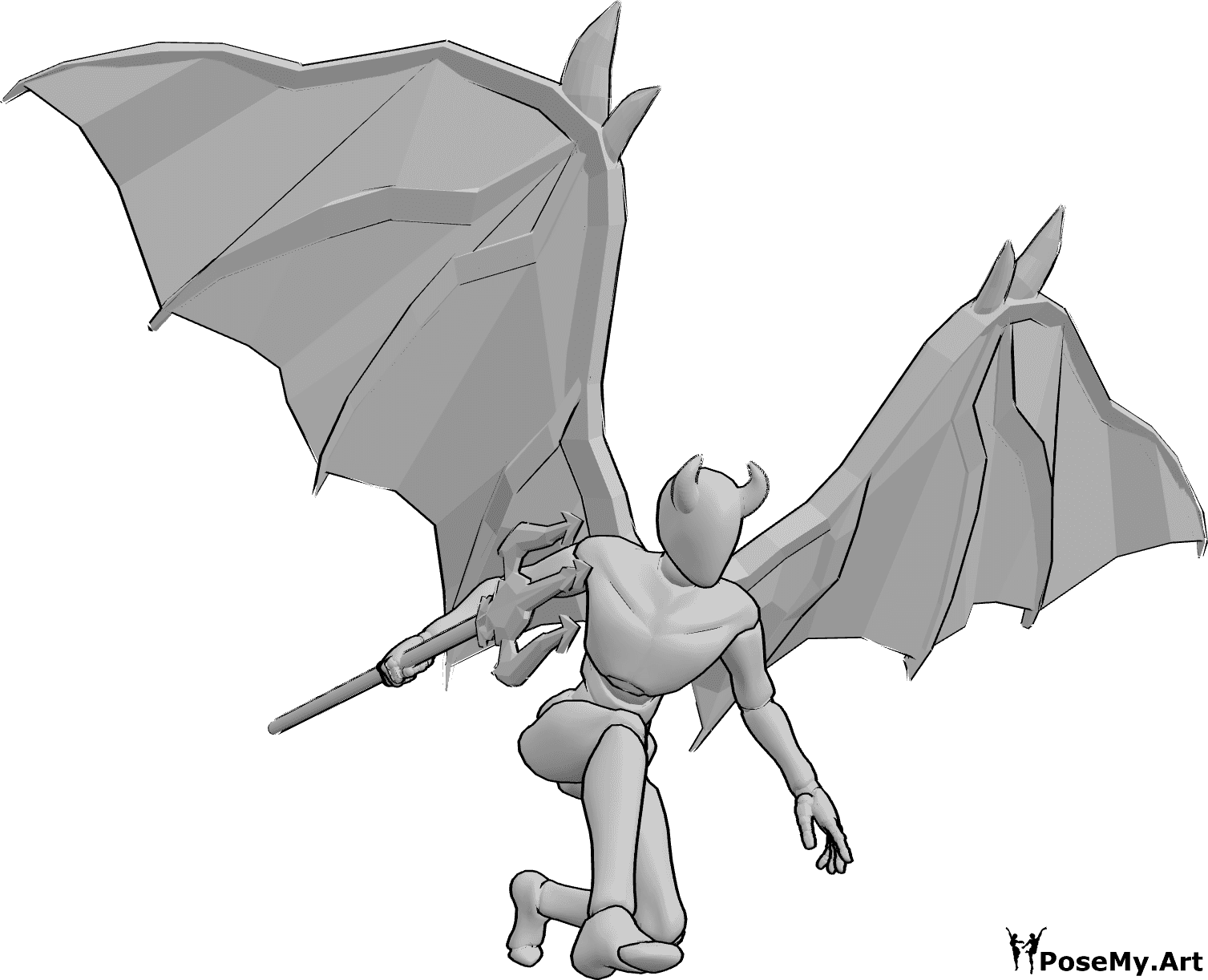 Pose Reference- Demonic landing pose - Demonic male with devil wings and demon trident, demon landing pose
