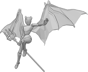 Pose Reference- Demonic spell pose - Demonic female is attacking, casting a spell with her left hand, holding a trident in her right hand