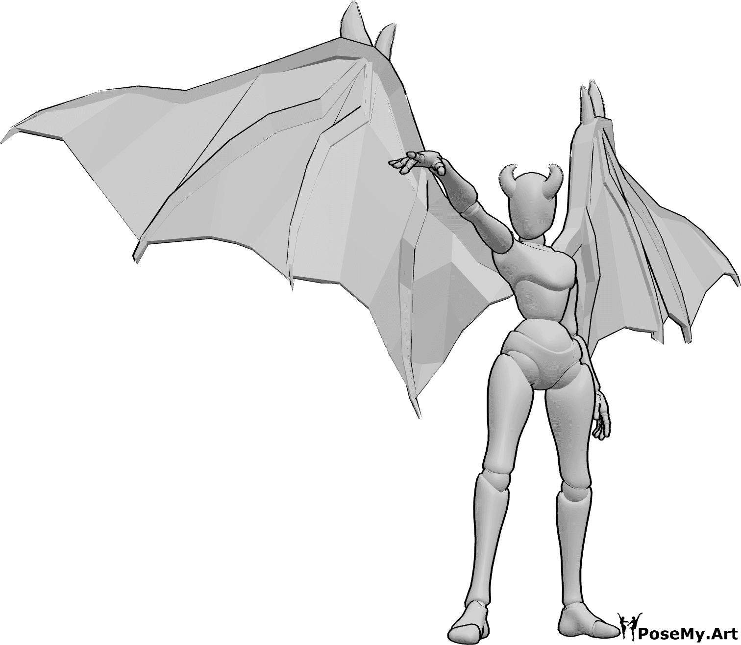 Referência de poses- Mulher demoníaca em pose de pé - Mulher demoníaca com asas de diabo, de pé, lançando um feitiço com a mão direita