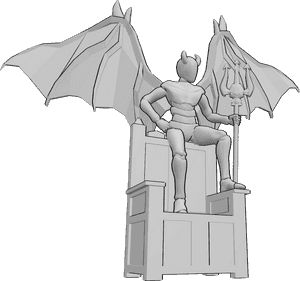 Pose Reference- Demonic male sitting pose - Demonic male with devil wings, holding a trident and sitting on a medieval chair