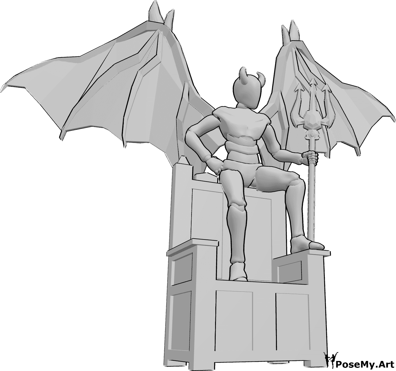 Pose Reference- Demonic male sitting pose - Demonic male with devil wings, holding a trident and sitting on a medieval chair