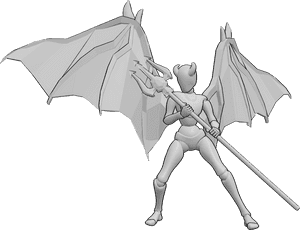 Pose Reference- Demonic female pose - Demonic female with devil wings, standing, holding a demon trident