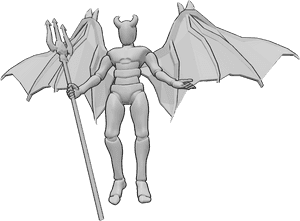 Pose Reference- Demonic male pose - Demonic male with devil wings, levitating, holding a demon trident