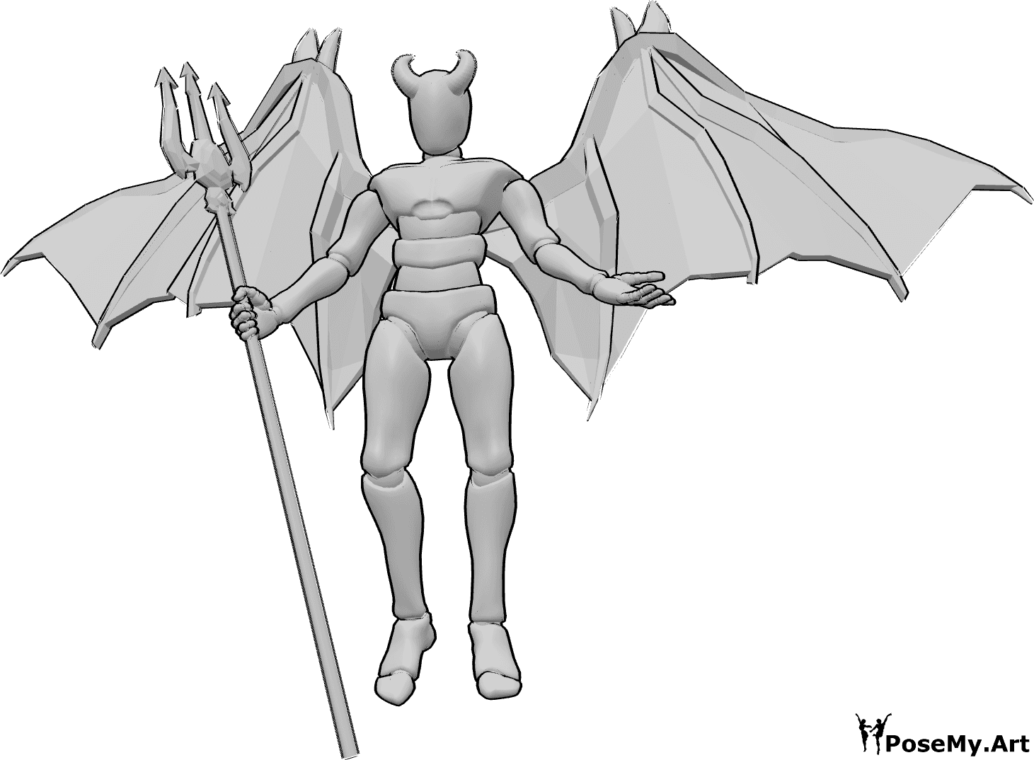 Riferimento alle pose- Posa demoniaca maschile - Maschio demoniaco con ali da diavolo, levitante, con in mano un tridente demoniaco