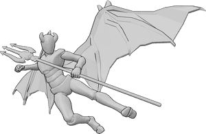 Pose Reference- Demonic male attacking pose - Demonic male is attacking, holding a demon trident and side-kicking