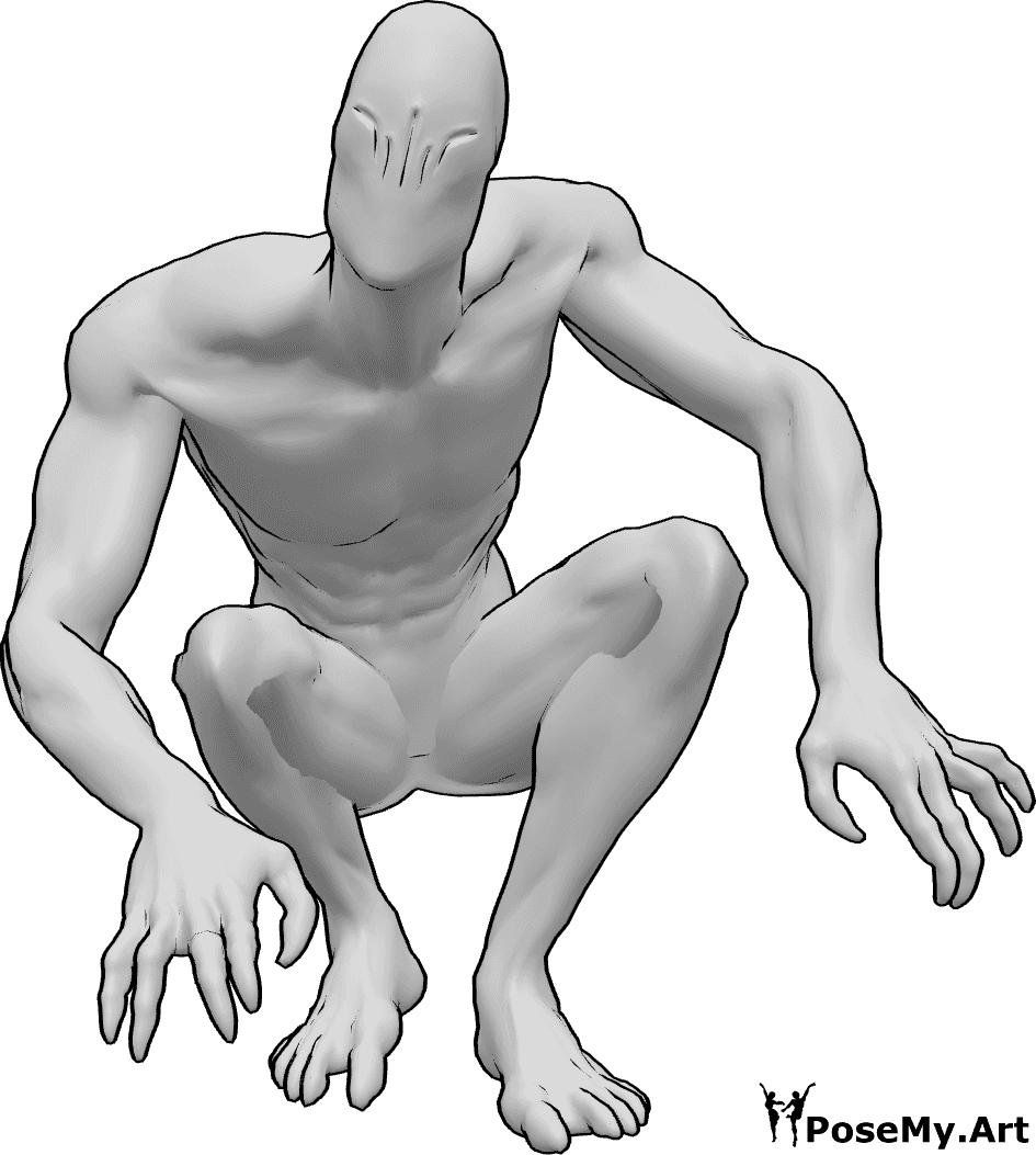 Référence des poses- Pose du zombie accroupi - Un zombie effrayant est accroupi et attend d'attraper sa victime.