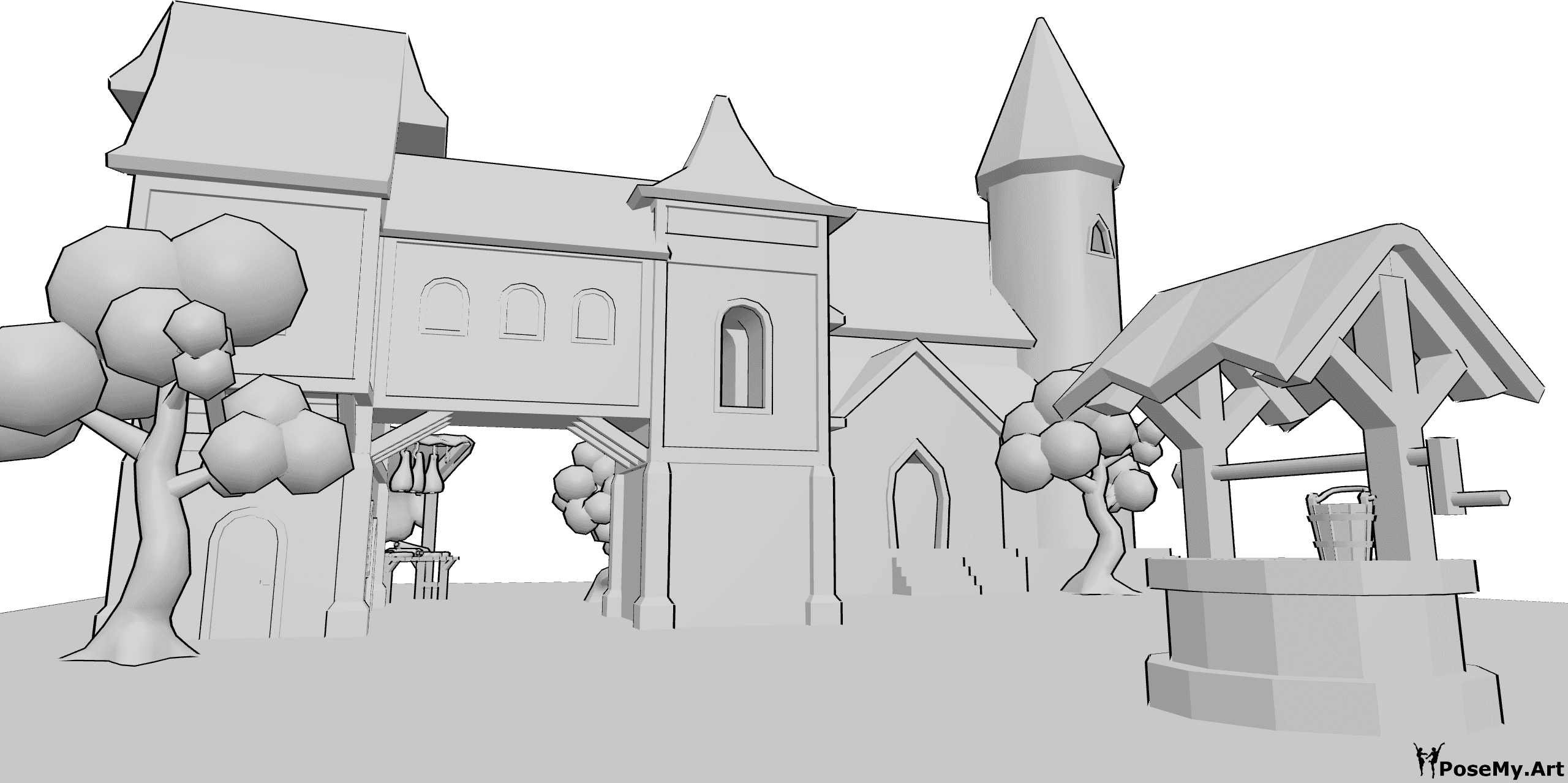 Referencia de poses- Fondo de casa medieval - Casas medievales, árboles y un pozo de agua con cubo