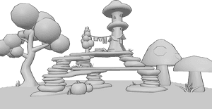 Posen-Referenz- Fantasy Pilz Haus Hintergrund - Fantasievolles Pilzhaus, gebaut aus Felsen, Bäumen, Kürbissen und Pilzen