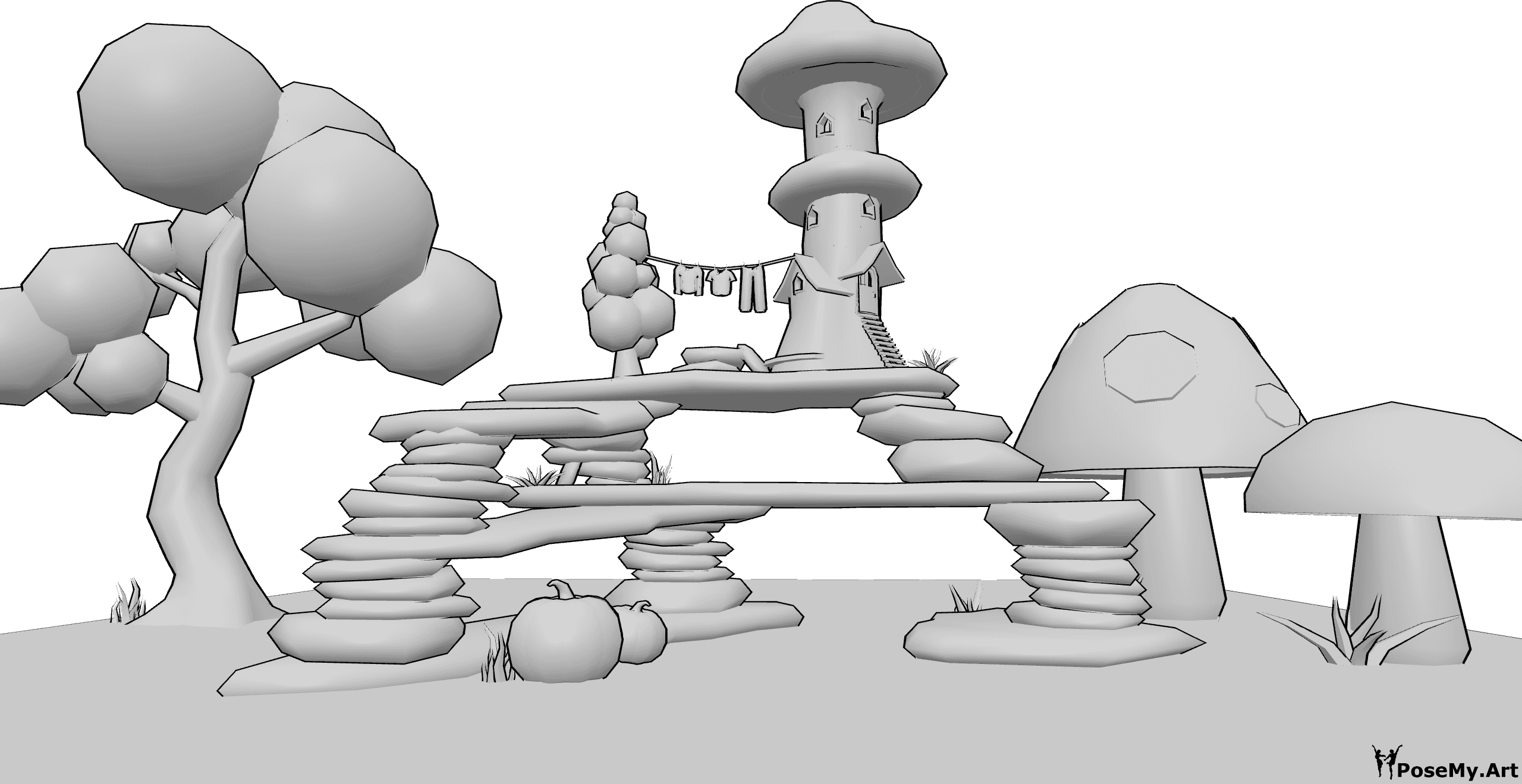 Posen-Referenz- Fantasy Pilz Haus Hintergrund - Fantasievolles Pilzhaus, gebaut aus Felsen, Bäumen, Kürbissen und Pilzen