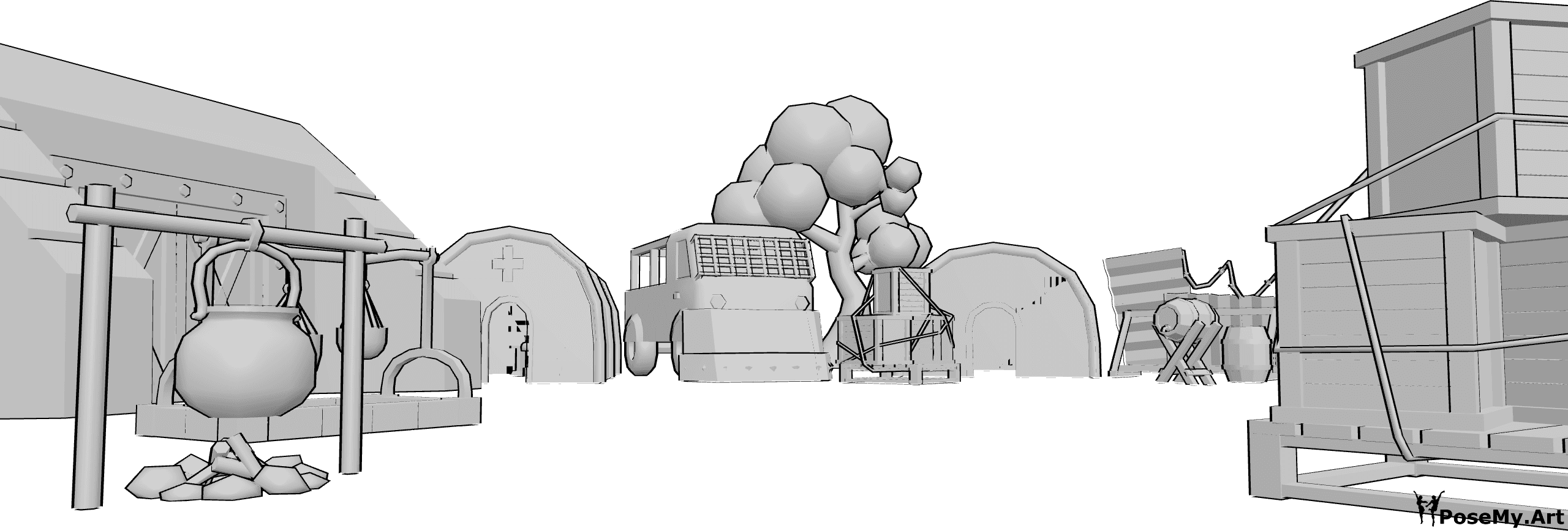 Pose Reference- Wartime camp background - Military medical camp with shelter and supplies, war-related environment