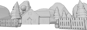 Posen-Referenz- Dorfhaus Hintergrund - Vorstadthaus in den Bergen mit Garten und Kiefern