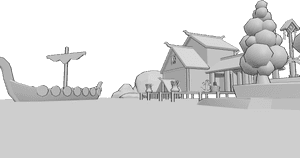 Posen-Referenz- Hintergrund des Wikingerhafens - Wikingerhafen mit Haus, Wikingerboot und Wikingertotem
