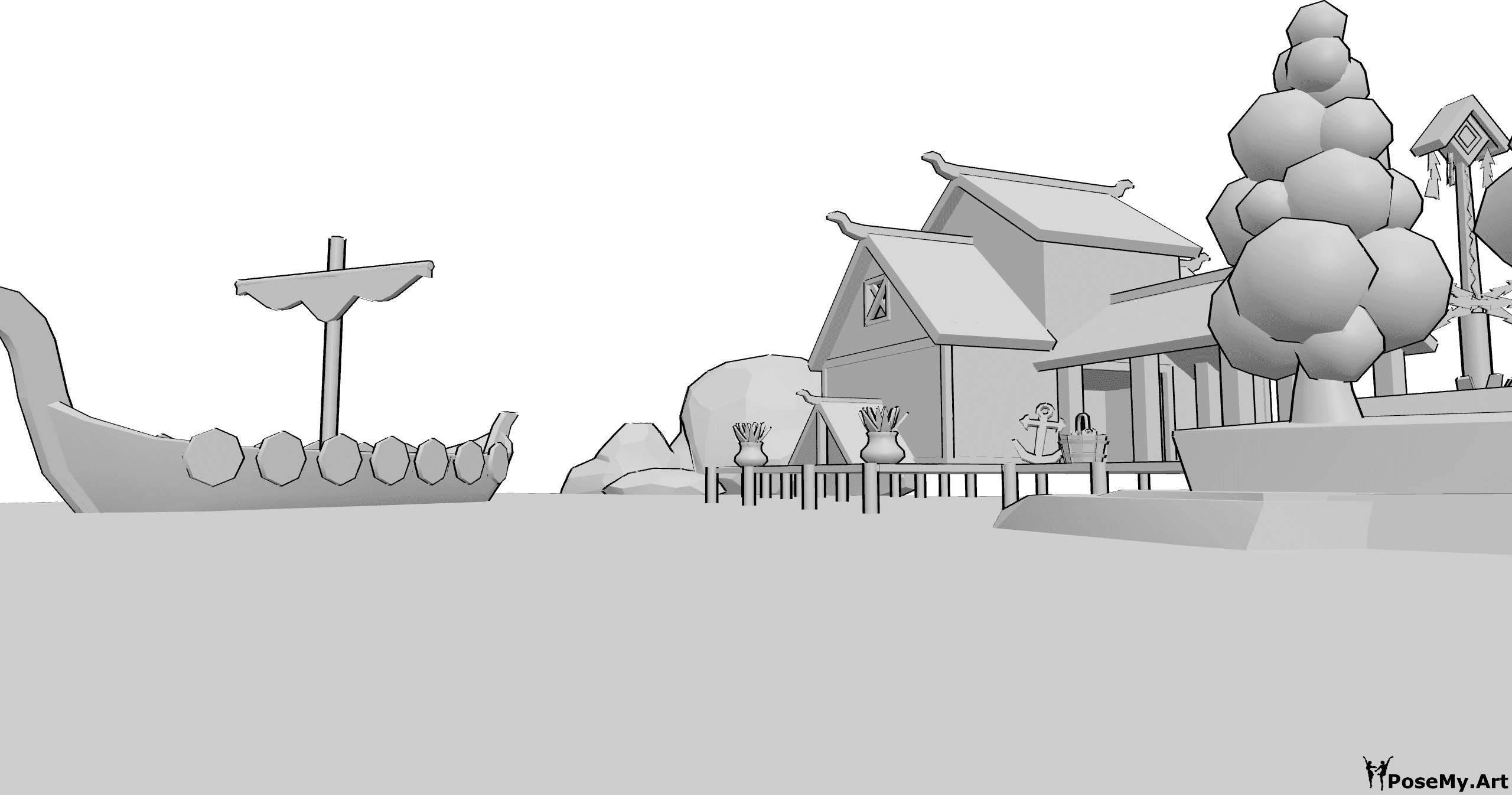 Pose Reference- Viking port background - Viking port with house, viking boat and viking totem