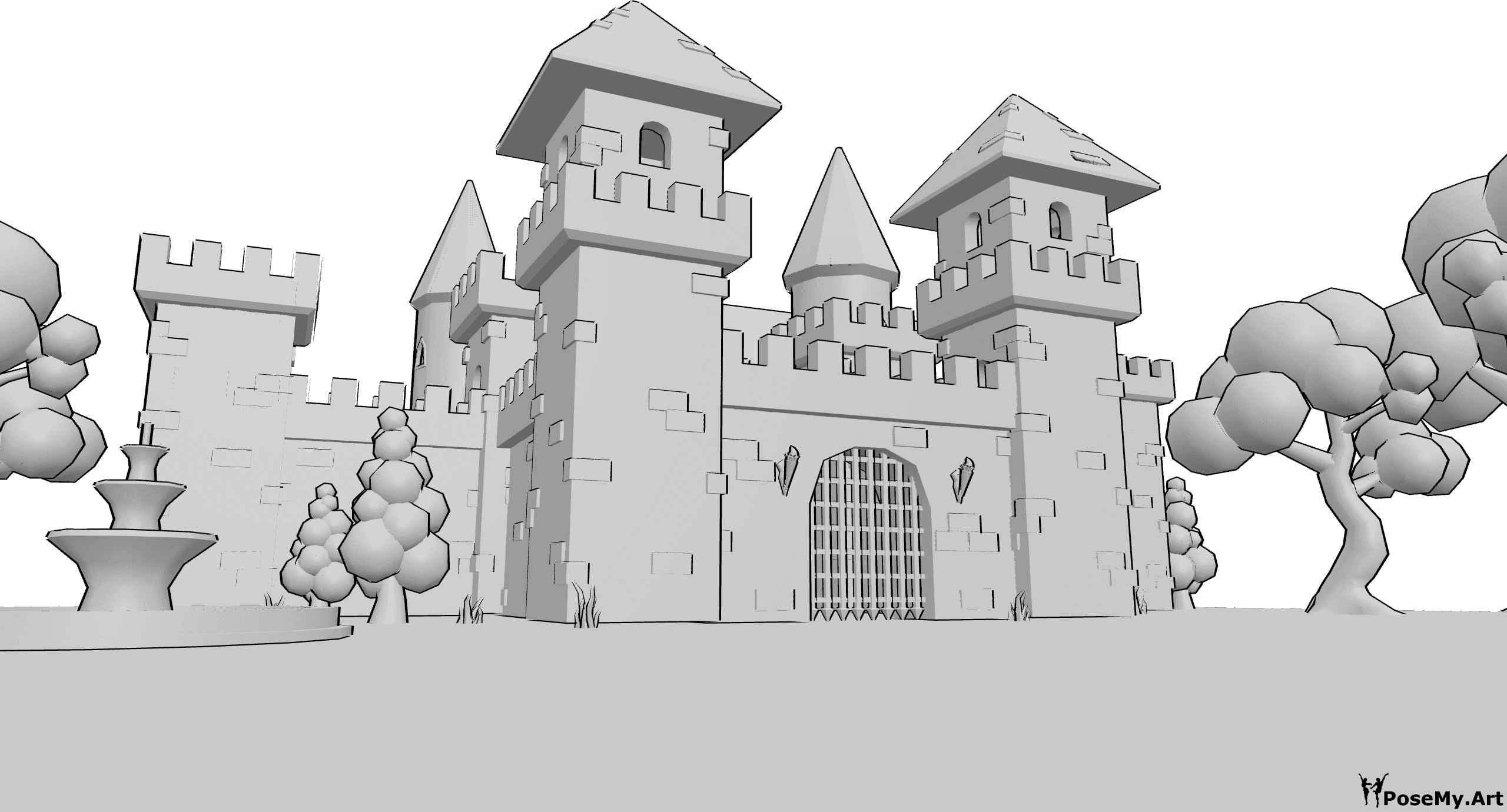 Referencia de poses- Fondo de castillo medieval - Entrada a un castillo medieval con árboles y una fuente