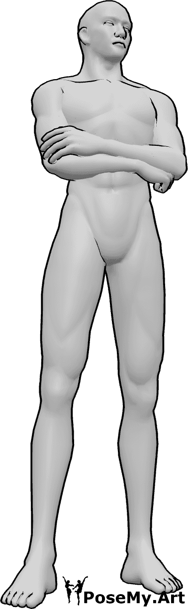Pose Reference- Confident 3/4 turn pose - Male is turning his head 3/4 to the left, crossing his arms, chin raised, neck fully visible, emphasizing confidence and structure