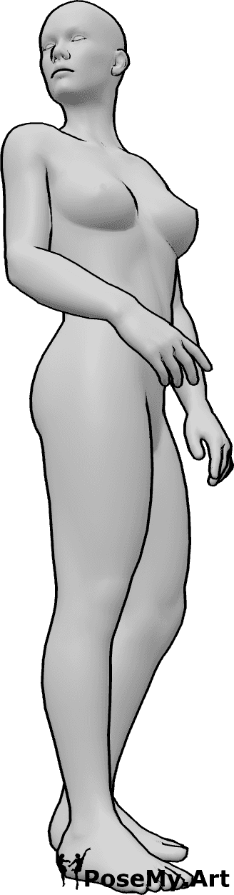 Pose Reference- Over-the-shoulder pose - Female is looking over her shoulder, head rotated back, chin slightly tucked