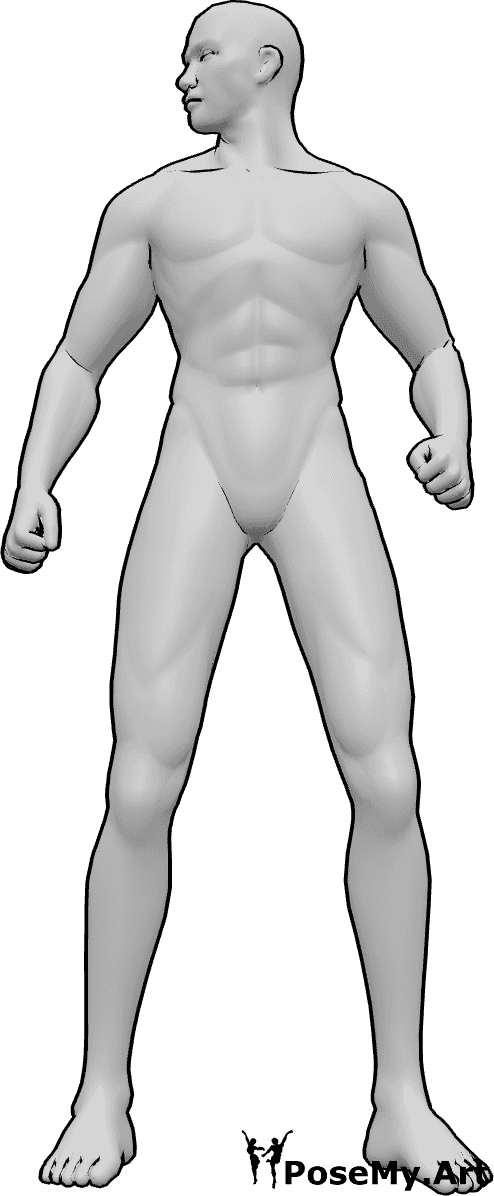 Pose Reference- Strong side tilt pose - Angry male is looking sharply to the side, creating visual tension