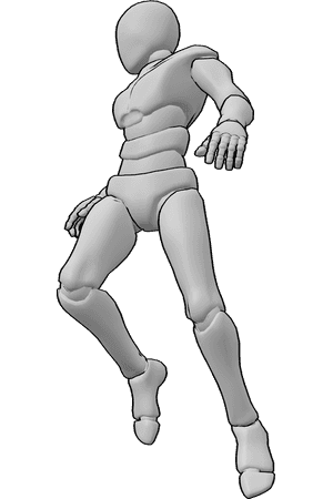 Pose Reference- Floating turn pose - Male is levitating while turning his body, arms extended to maintain balance, torso slightly twisted