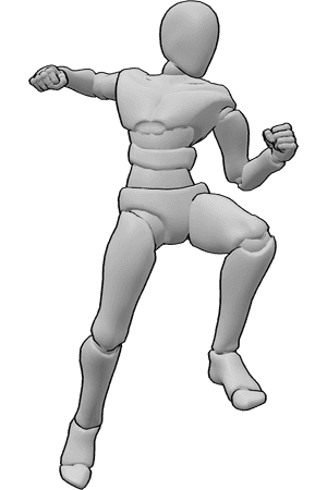 Pose Reference- Levitating attacking pose - Male is levitating forward with torso twisted, preparing for a punch