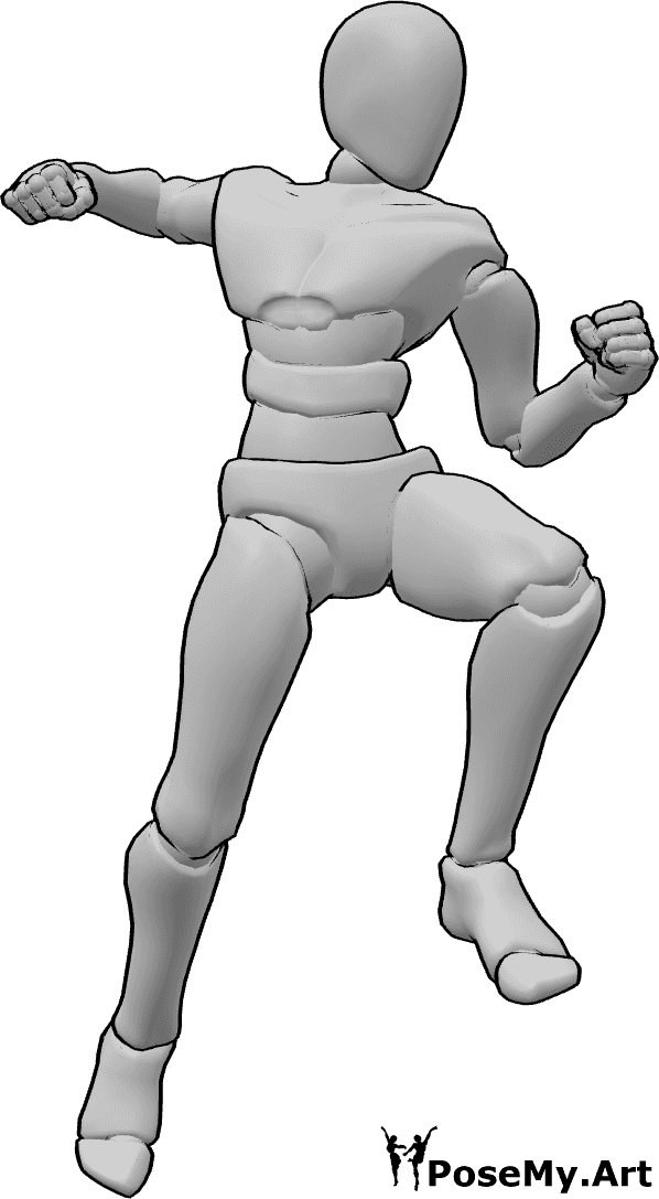 Pose Reference- Levitating attacking pose - Male is levitating forward with torso twisted, preparing for a punch