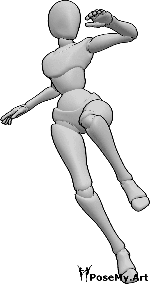 Pose Reference- Levitating blocking attack pose - Female is levitating with arms raised in a defensive position