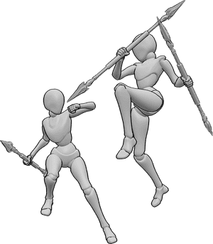 Pose Reference- Female levitating fighting pose - Two females are levitating mid-air while fighting with spears