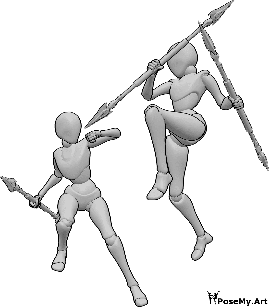 Referencia de poses- Mujer levitando en pose de combate - Dos hembras levitan en el aire mientras luchan con lanzas