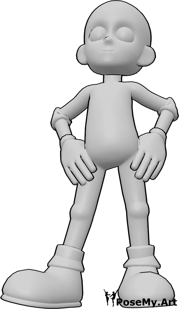 Pose Reference- Cartoon confident stance pose - Male is standing with feet wide apart, chest pushed forward, hands resting on hips, posture exaggerated and bold