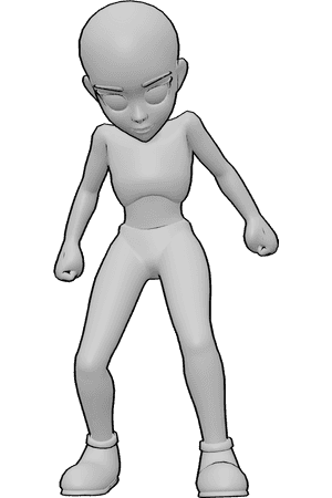 Pose Reference- Cartoon angry pose - Female is leaning forward with clenched fists, shoulders raised, spine compressed, expressing tension and energy