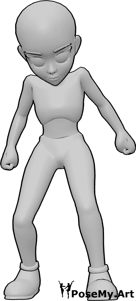 Pose Reference- Cartoon angry pose - Female is leaning forward with clenched fists, shoulders raised, spine compressed, expressing tension and energy