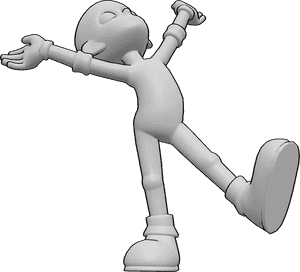 Pose Reference- Cartoon happy pose - Male is standing with one leg lifted, arms raised outward, body stretched upward in a joyful expression
