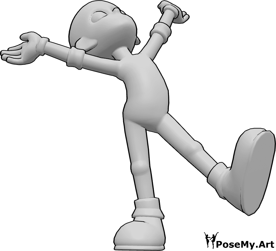 Pose Reference- Cartoon happy pose - Male is standing with one leg lifted, arms raised outward, body stretched upward in a joyful expression