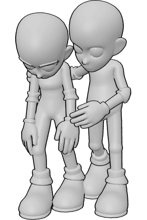 Pose Reference- Cartoon sad pose - Female is standing with her body slightly slouched, head tilted downward, while Male is standing next to her and comforting her with a gentle, supportive posture
