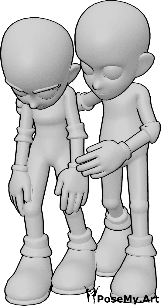Pose Reference- Cartoon sad pose - Female is standing with her body slightly slouched, head tilted downward, while Male is standing next to her and comforting her with a gentle, supportive posture