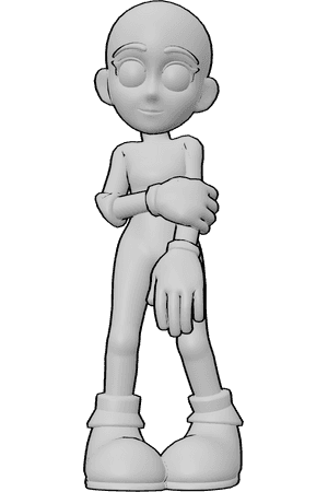 Pose Reference- Cartoon shy pose - Female is standing with knees turned inward, shoulders pulled up, holding her arm