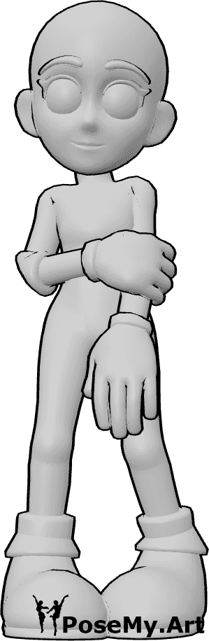 Pose Reference- Cartoon shy pose - Female is standing with knees turned inward, shoulders pulled up, holding her arm