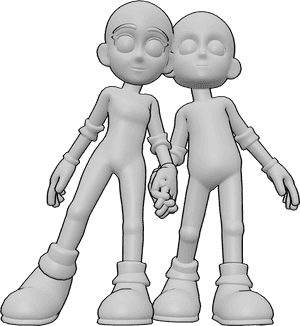 Pose Reference- Cartoon romantic pose - Female and Male are standing close together, holding each other’s hands, bodies slightly angled inward in a soft, romantic cartoon posture