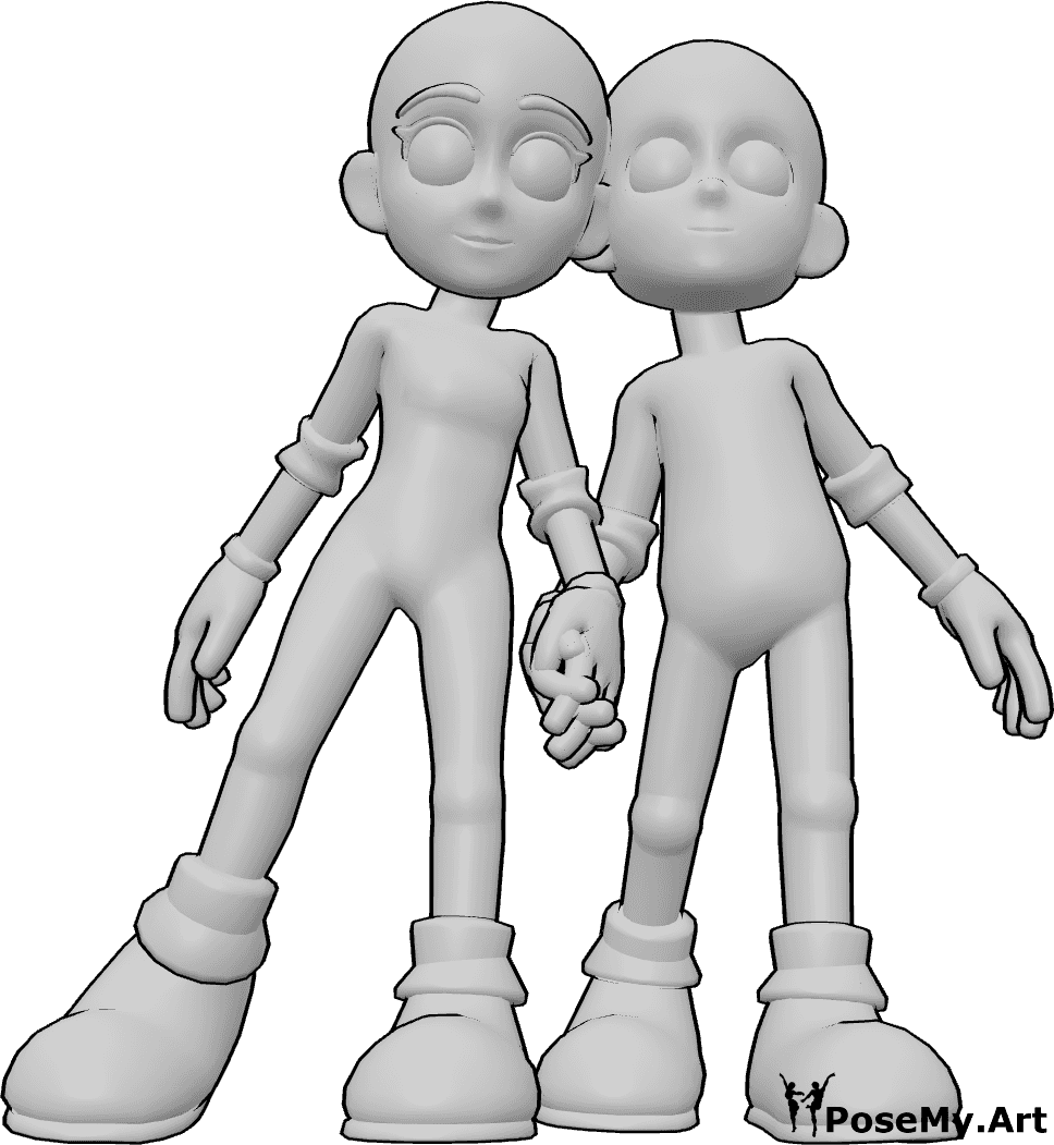 Pose Reference- Cartoon romantic pose - Female and Male are standing close together, holding each other’s hands, bodies slightly angled inward in a soft, romantic cartoon posture