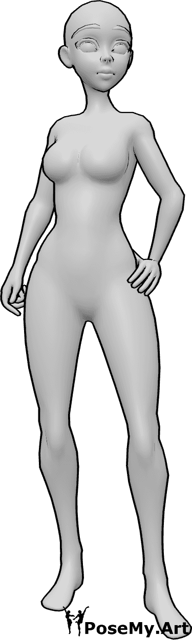 Référence des poses- Pose animée confiante en position debout - Une femme animée confiante se tient debout, la main gauche posée sur la hanche.