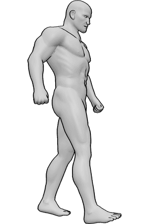Pose Reference- Tough walking pose - Tough male is walking, clenching his fists, looking slightly down
