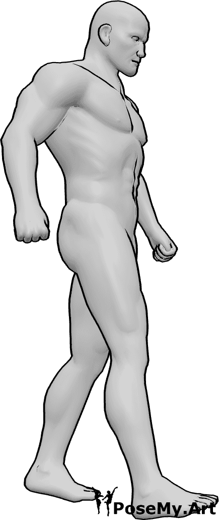 Pose Reference- Tough walking pose - Tough male is walking, clenching his fists, looking slightly down