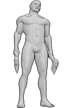 Pose Reference- Tough male pose - Tough male is standing, gripping an axe in each hand, ready for combat